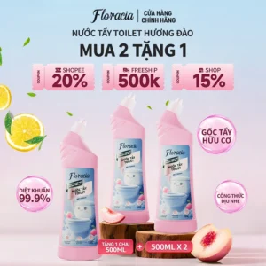 Nước tẩy toilet Floracia hương đào, tẩy bồn cầu thơm, sáng bóng, tẩy rửa nhà vệ sinh, tẩy cặn canxi, sàn